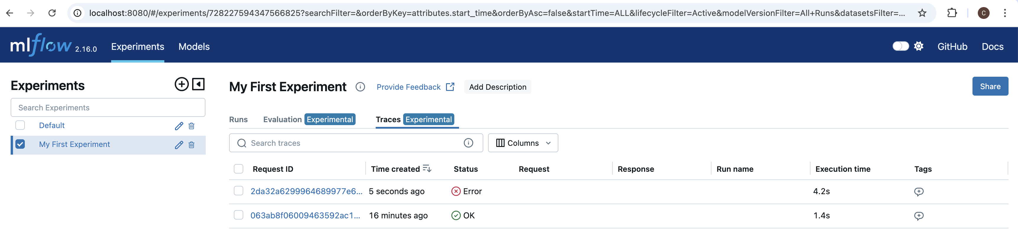 Traces Landing Page With Exception